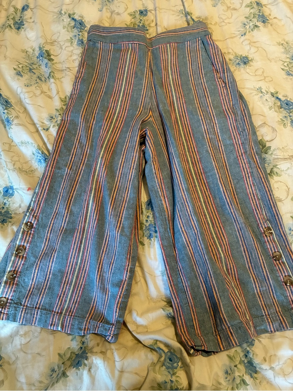 Linen/Cotton Blend Madewell Blue Striped Wide-Leg Capri Pants